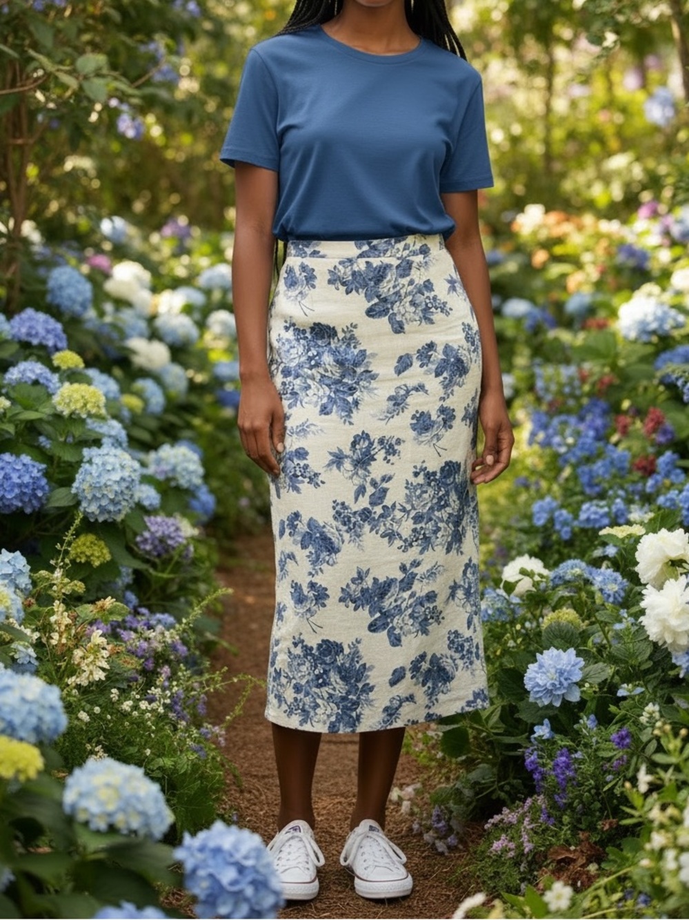 Abercrombie Blue Floral Linen Midi Skirt Elegant White and Blue Pattern Large